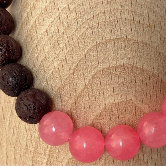 PINK Jade and Brown Lava Stone Stretch Bracelet - Picture 3 of 9